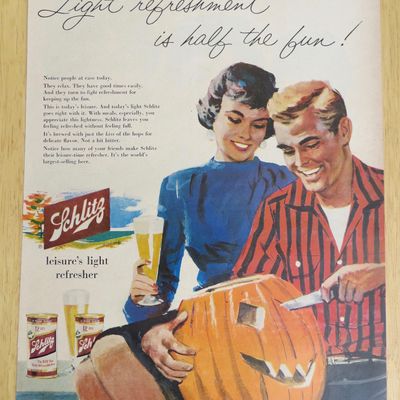 1956 Schlitz Beer w/Woman Watching Man Carve Pumpkin