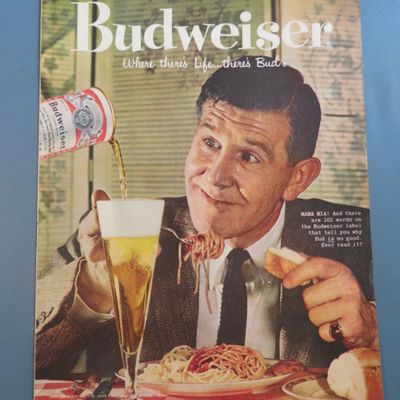 1958 Budweiser Beer with Man Having Spaghetti with Beer
