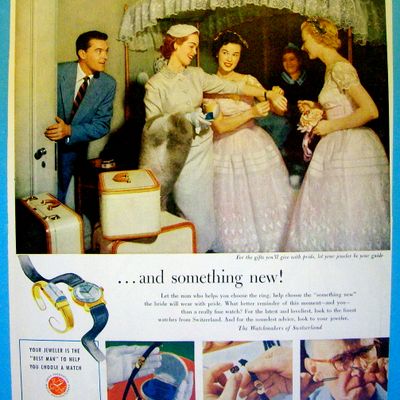 1954 Swiss Watchmakers with Women Looking at Watch