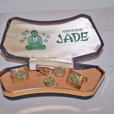 Genuine Jade Cuff Links, Tie Bar & Tie Tac in Original
