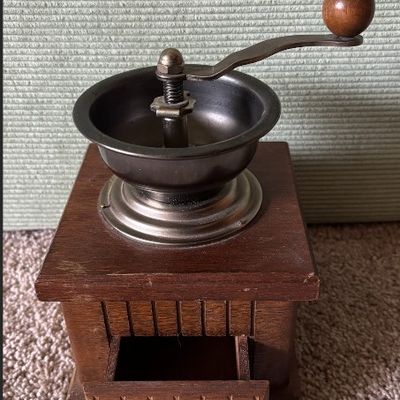 Vintage Wooden Hand Crank Coffee Grinder with Metal Hopper and Catch Drawer