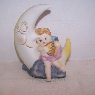 Bisque Boy Angel Sitting in a 1/4 Moon