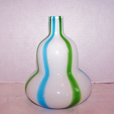 Turquoise Stripes on White Milk Glass Art Glass Bottle