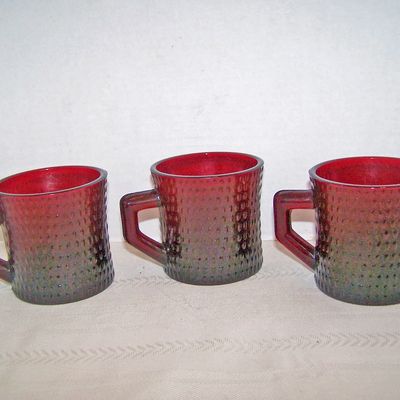 3 Ruby Red Glass Dimpled Cups with Handles