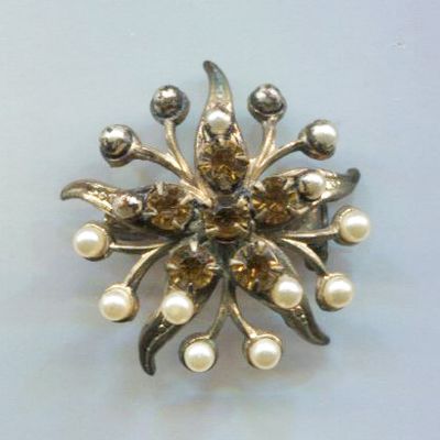 Amber Rhinestones & Faux Pearls Pin