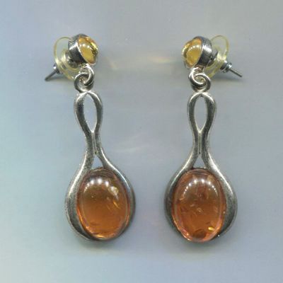 Amber Plastic Drop & Post, Silver Tone Pierced Earrings