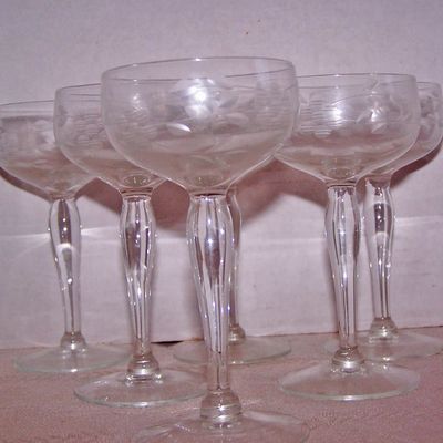 6 Etched Wine Glasses