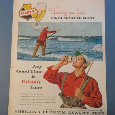 1960 Falstaff Beer with Man Fishing & Drinking Beer