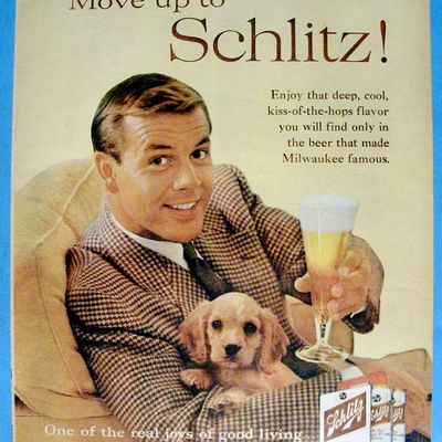 1960 Schlitz Beer with Man Holding a Puppy & a Glass
