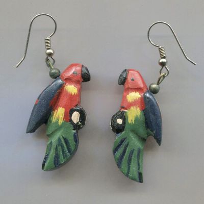 Pair Of Wooden Parrot Shaped Pierced Earrings
