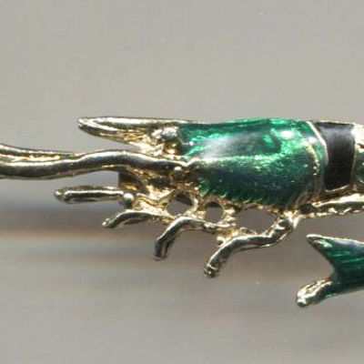 Crawfish Pin, Green & Black On Gold Tone