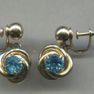 Gold Tone Knot W/Blue Stone Drop Screw-Back Earrings