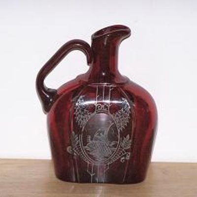 Ruby Red Glass Pitcher, Silver Overlay Sailing Ship