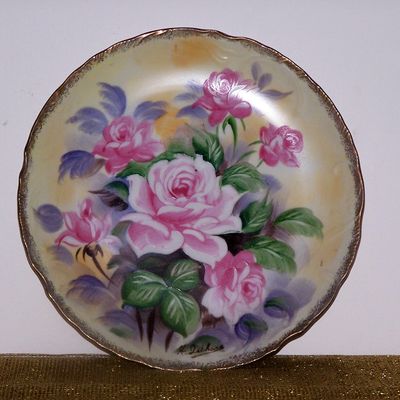 Artist Signed, Hand Painted Pink Flowers Plate