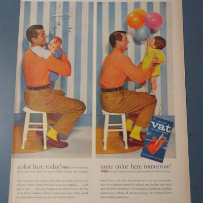 1957 Vat Colored Fabrics with Man & Baby In Two Scenes
