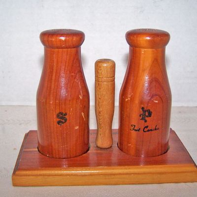 Pair of Bottle Shape Wood Salt & Pepper Shakers