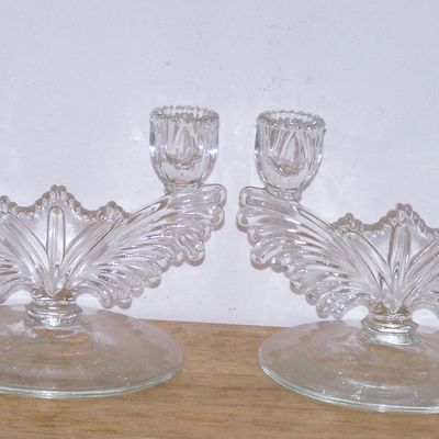 Pair Of Clear Glass Double Candlesticks