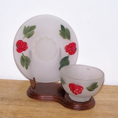 Frosted Cup & Saucer, Strawberry Design