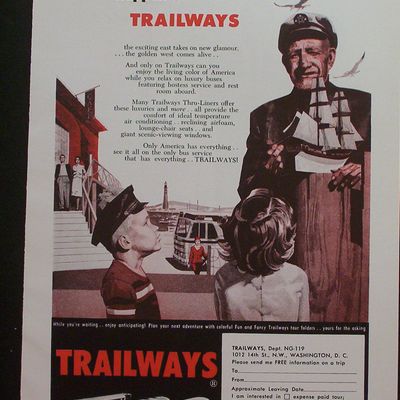 1959 Trailways with Man Talking to 2 Children