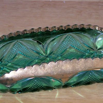 Green Glass, Gold Trim, Diamond Pattern Relish Dish