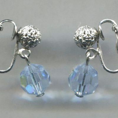 Blue Crystal Drop, Silver Filigree Ball Clip Earrings