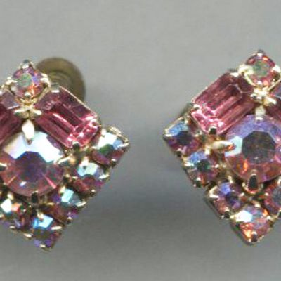 Pink Glass Rhinestones, Square Screw-Back Earrings