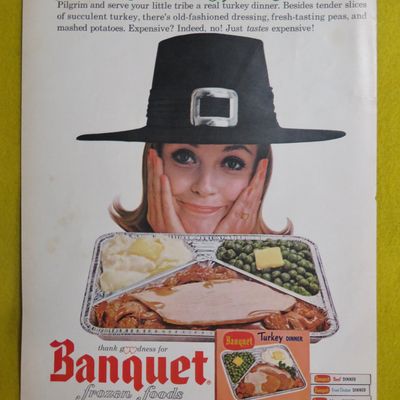 1964 Banquet Turkey Dinner w/ Woman in Pilgrim Hat