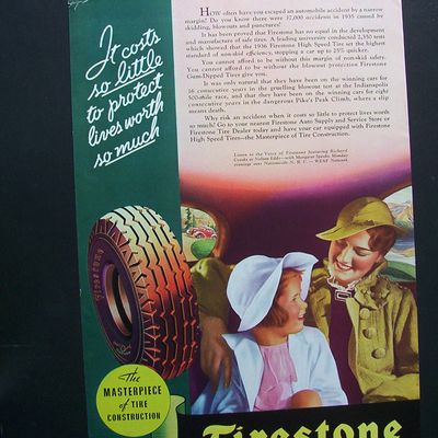 1936 Firestone Tires with Woman & Girl Sitting in Car