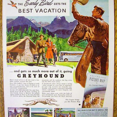 1947 Greyhound with Cowboy Waving Hat To Couple