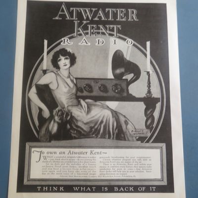 1925 Atwater Kent Radio with Woman Sitting By Radio