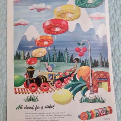 1945 Life Savers Candy with Boy Driving Train of Candy