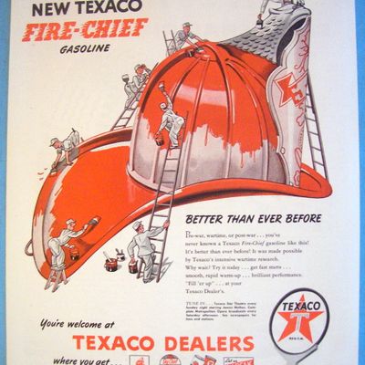 1946 Texaco Gas With Men Painting Fireman's Hat