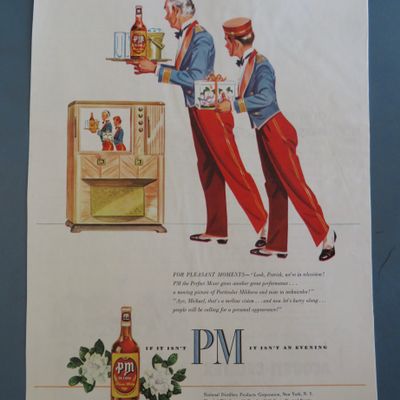 1950's PM Whiskey with 2 Bellboys Looking At A TV