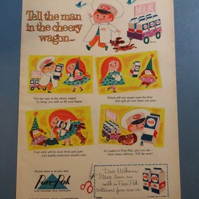 1960 Pure Pak Milk with Man In Cheery Wagon