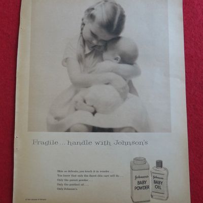 1958 Johnson's Baby Powder & Oil with Girl Holding Baby