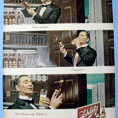 1949 Schlitz Beer with Butler Trying a Bottle of Beer