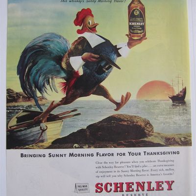 1946 Schenley Whiskey with Rooster Walking Off A Boat