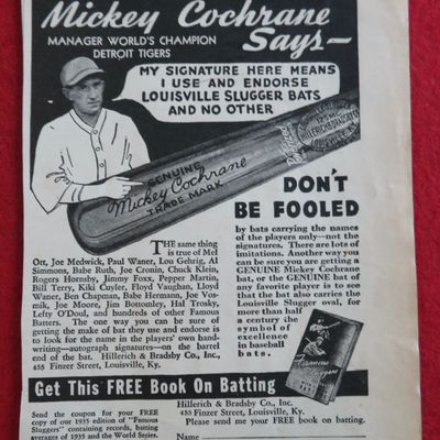 1936 Louisville Slugger Bat with Mickey Cochrane