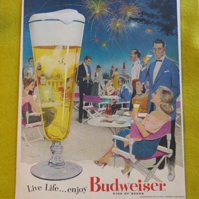 1956 Budweiser Beer w/ Glass Of Beer & Couple At Party