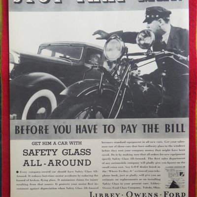 1934 Libbey Owens Ford Safety Glass with Cop & Car