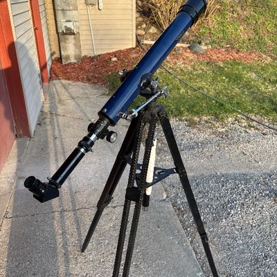 Vintage Blue Refractor Telescope on Tripod with Eyepiece