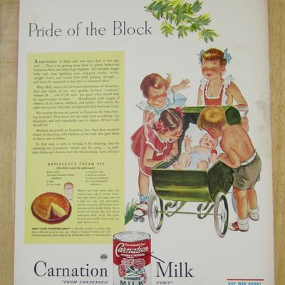 1945 Carnation Milk with Girl Walking Baby in Stroller