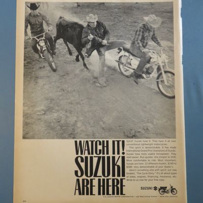 1965 Suzuki Motorcycle with Man Catching A Cow