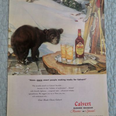 1947 Calvert Whiskey with Bear Looking At Drinks