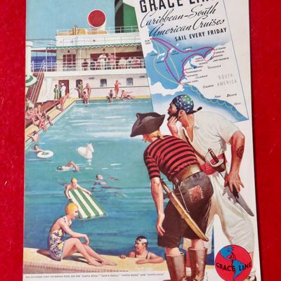 1939 Grace Line Cruises w/ Two Pirates Looking at Pool
