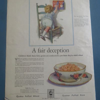 1925 Quaker Puffed Wheat with Child Reaching For Box
