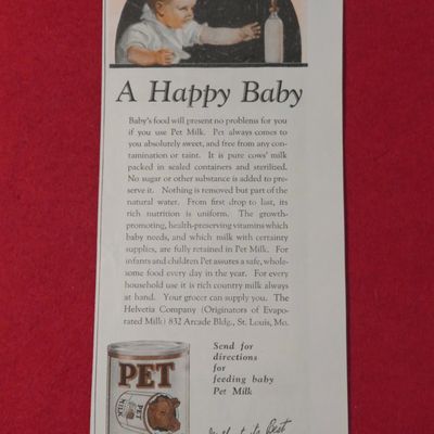 1923 Pet Milk with Baby Reaching For Their Bottle