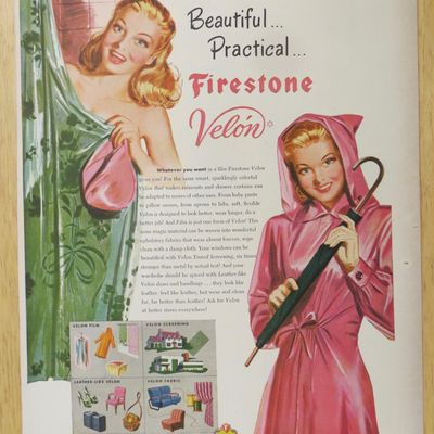 1947 Firestone Velon w/Woman In Shower & in Raincoat