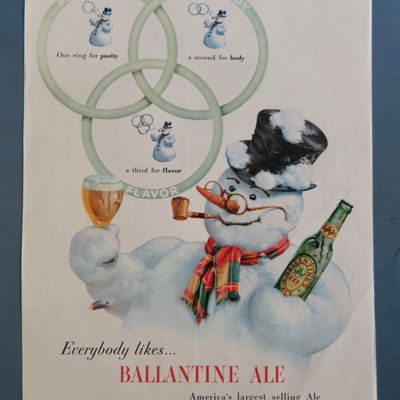 1947 Ballantine Ale with Snowman Holding Glass & Bottle