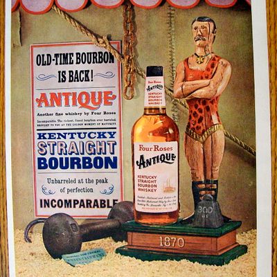 1959 Four Roses Antique Whiskey with Weightlifting Man